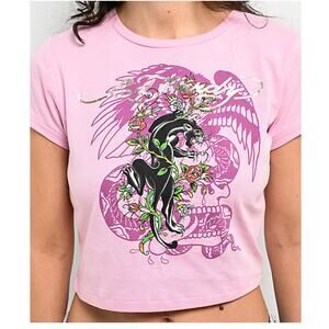 Ed Hardy Pink Floral Panther Crop Baby Doll T-Shirt size Small